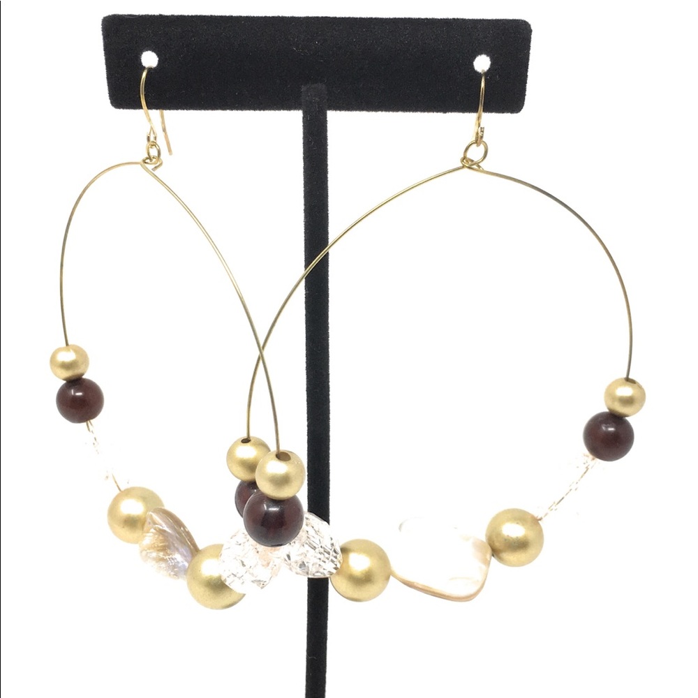 Hoop Earrings with Brown Gold & Clear Beads 3"